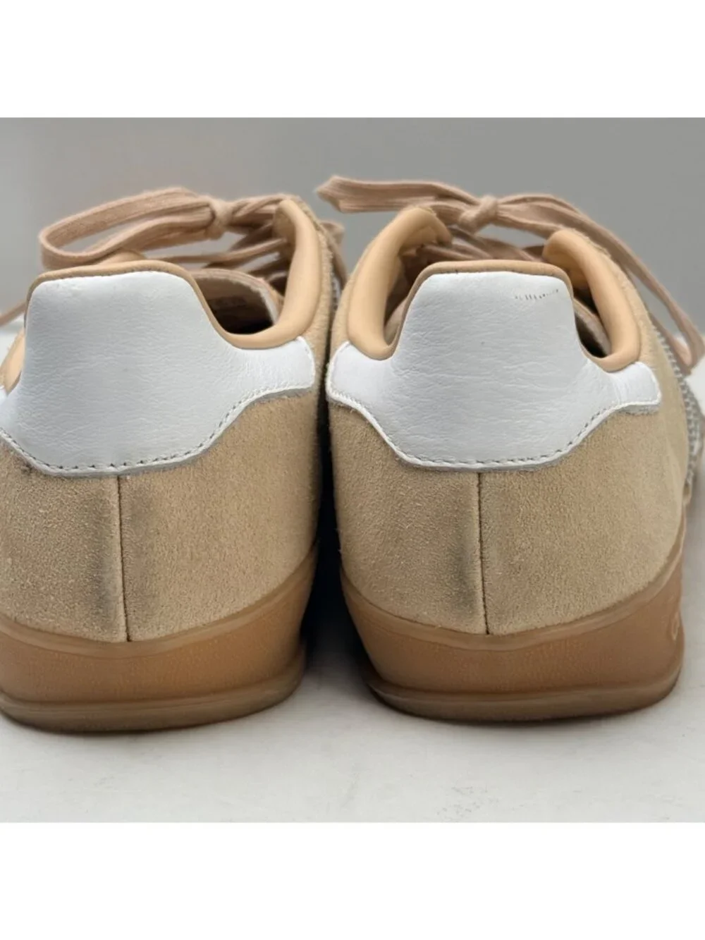 Adidas Gazelle Indoor Beige Suede Sneakers White Stripes Gum Sole Womens 8.5